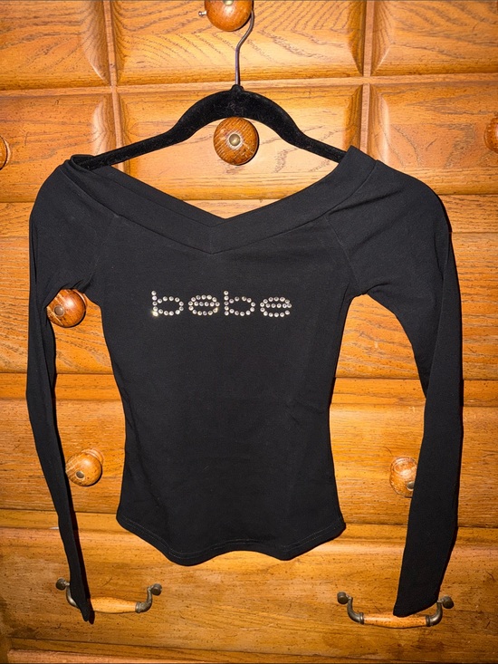 bebe Tops - bebe Black Long-Sleeve Off-Shoulder Top with Rhinestone Logo